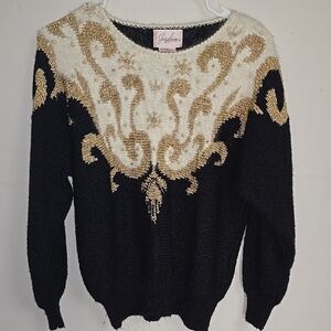 VINTAGE 90S Jaclyn Smith Black and Gold Crew Neck Sweater with Ornate Design